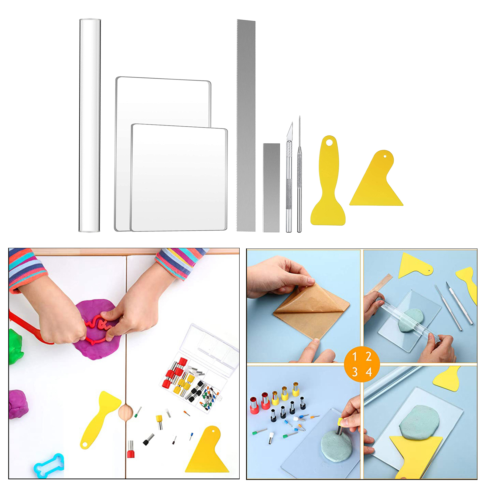 9 Stuks Diy Polymeer Klei Tool, Inclusief Acryl Klei Roller, Acryl Plaat, Klei Naald, clay Cutter, Schraper Backing Board