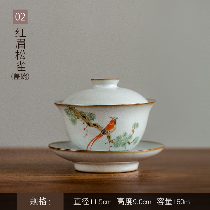 160Ml Ru Kiln Gracked Glazuur Sancai Terrine Master Cups Handgeschilderde Bloemen En Vogel Gaiwan Da Hong Pao Theewaar kantoor Decoratie: B