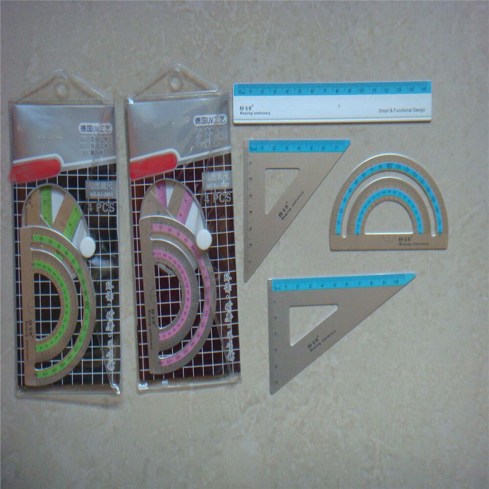 4pcs/set Multi-function Aluminum Alloy Ruler Aluminum Protractor School Office Stationery Supplies Ruler Exam ruler