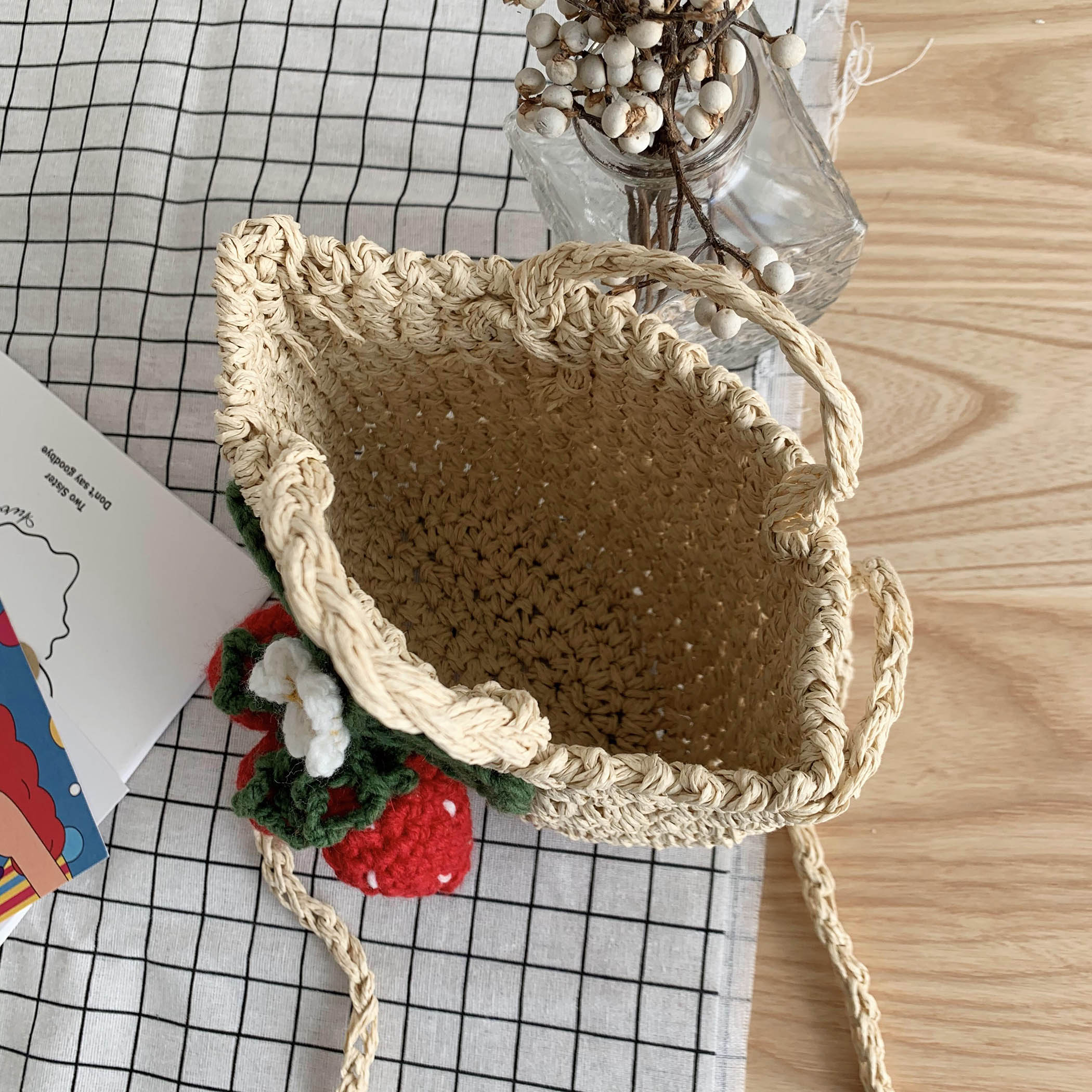 Sommer jordbær frukt halmpose kvinner små vevde crossbody skulderveskermini søt strandveske reisetaske