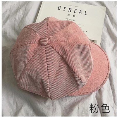 Otoño mujer gorra octogonal de pana de Color sólido gorro octogonal otoño cálido sombreros boina retro quiosco: pink
