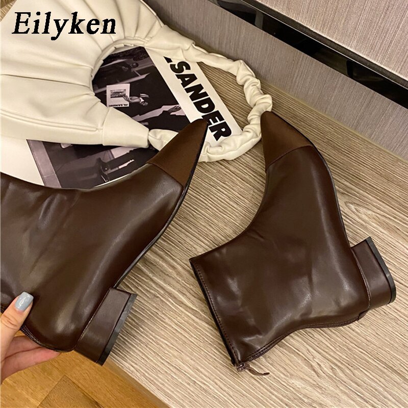Eilyken kvinnor låg hög klack chelsea boot ankelstövlar med spetsig tå dragkedja fasta platåskor kvinnlig stövel