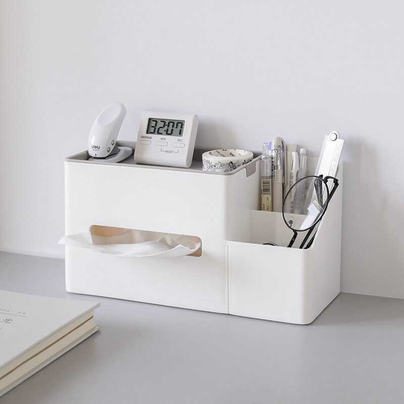 Square Tissue Box Cover White Pen Holder Desk Organizer Storage Box Sundries Pencil Box Multifunctional Plastic Stationery