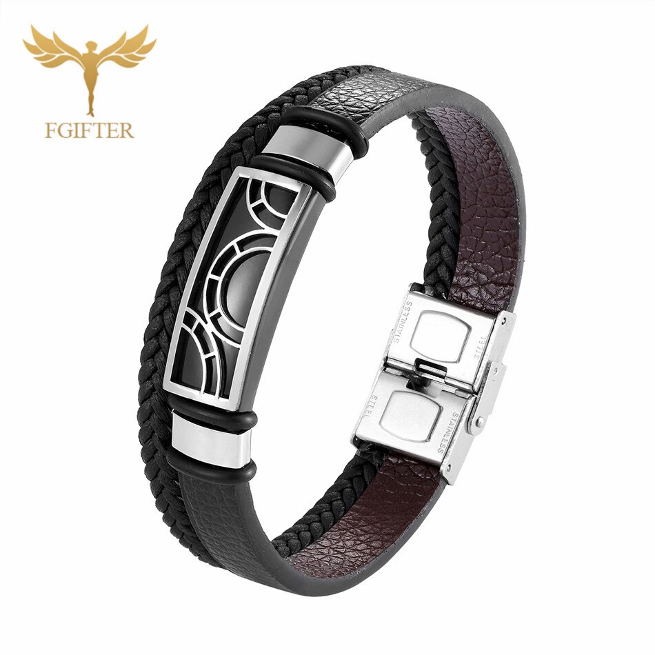 Double Layers Black Leather Bracelets for Women Men Steel Cuff Bangle Male Bracelets Jewelry Accessories: Silver Bracelet / 18.5cm