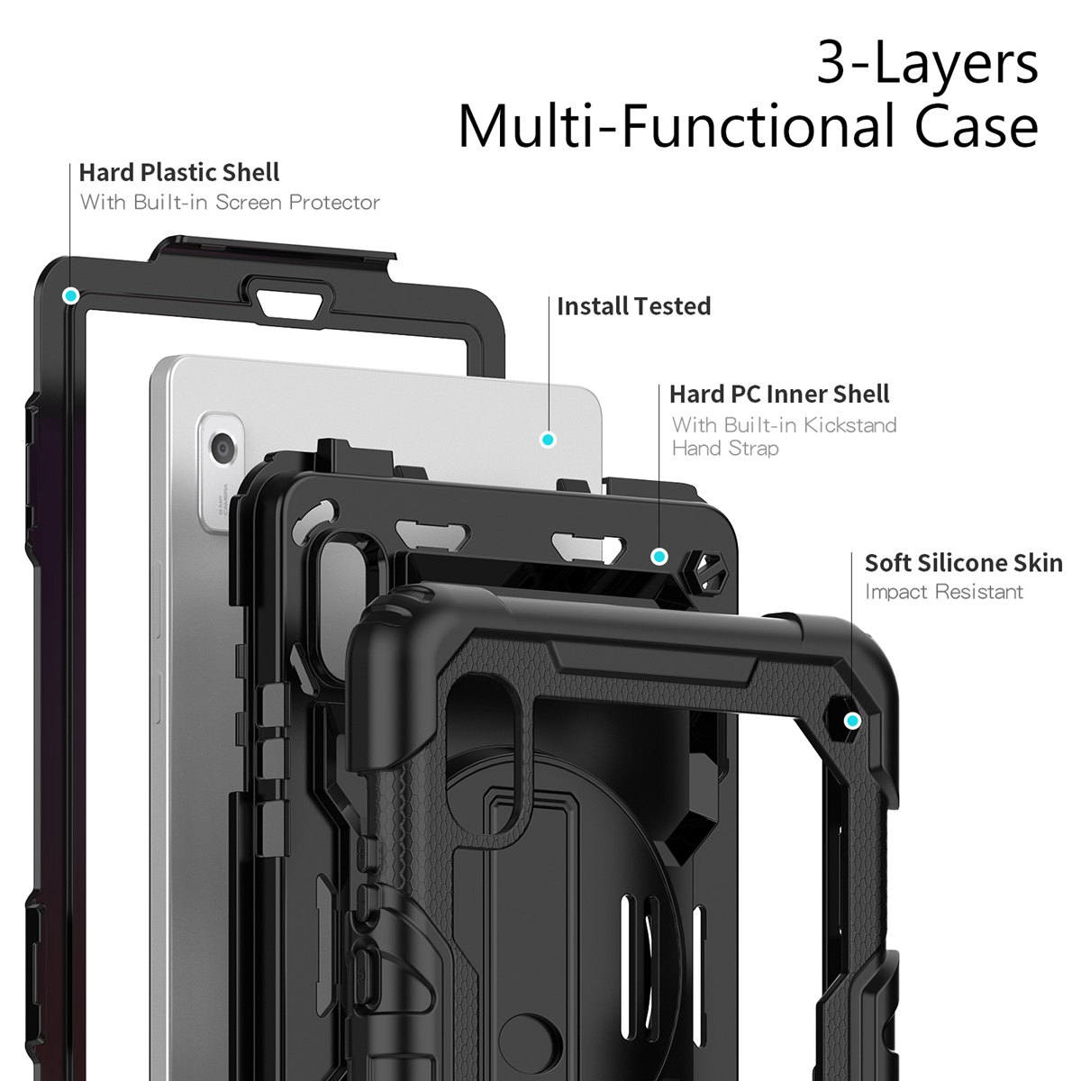 Hand Strap Shoulder Strap Kickstand Rugged Case For 9 Inch Lenovo Tab M9/K9 (TB-310FU, Released) built-in Screen Protector