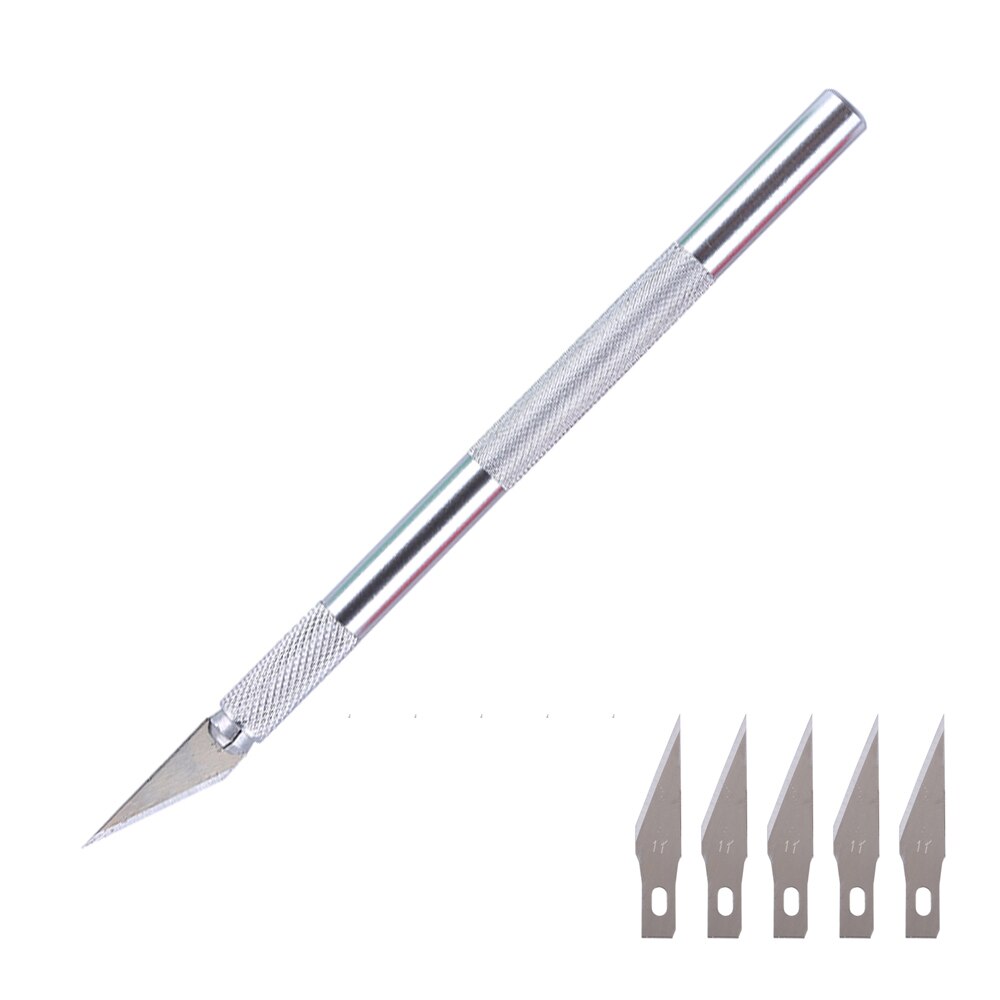 Cuchillo de hoja de bisturí con mango de Metal para cortar papel y madera, utensilio de utilidad para manualidades, suministros de corte y grabado, 1 Juego: Silver