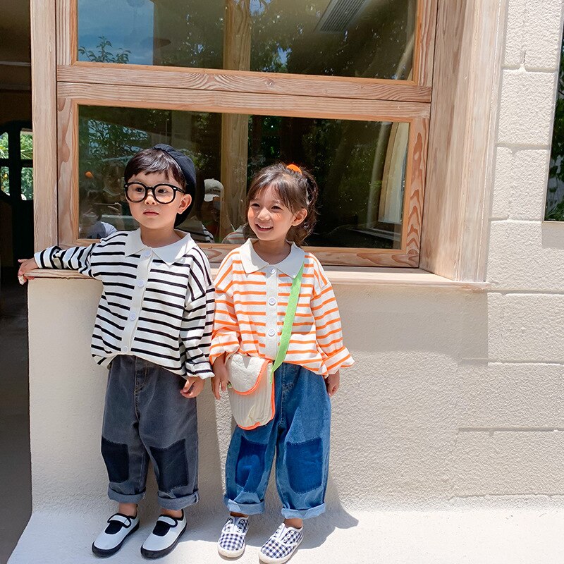 Lente Herfst Dunne Gestreepte Gebreide Truien Losse Single-Breasted Lange Mouwen Vest 1-6Y