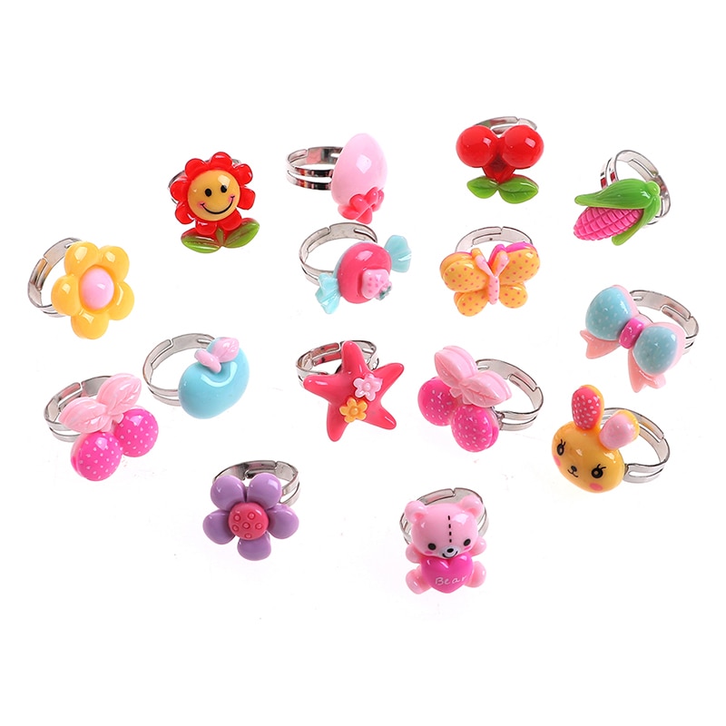 10 Stks/partij Verstelbare Cartoon Ringen Voor Meisjes Dress Up Accessoires Party Kids Toy Willekeurige Kleur