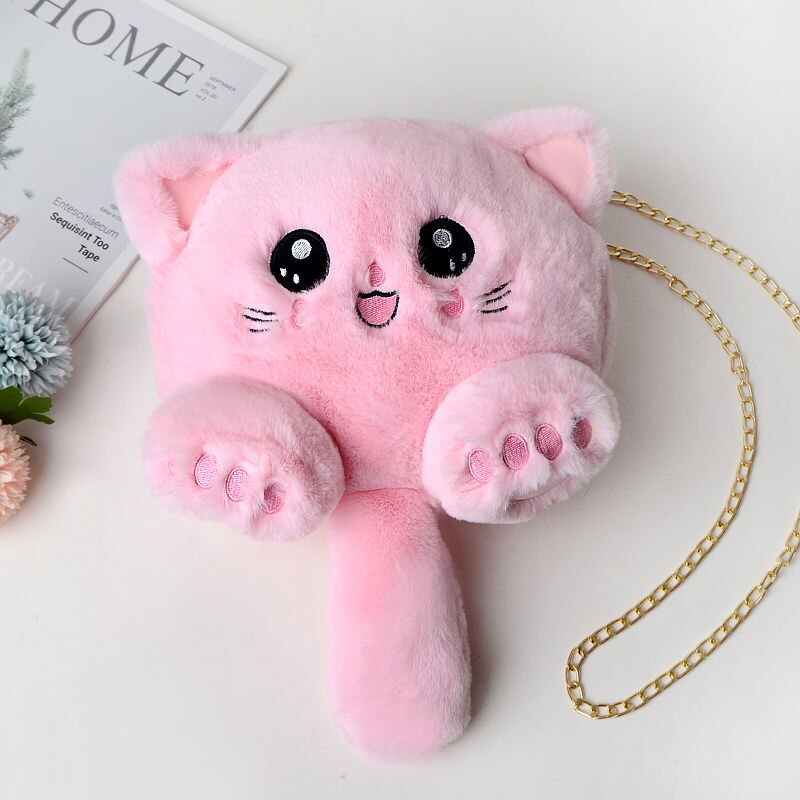 Women Plush Hairy Bag Female Cute Chain Shoulder Messenger Bag Girl Doll Cat Bear Head Bag: 13