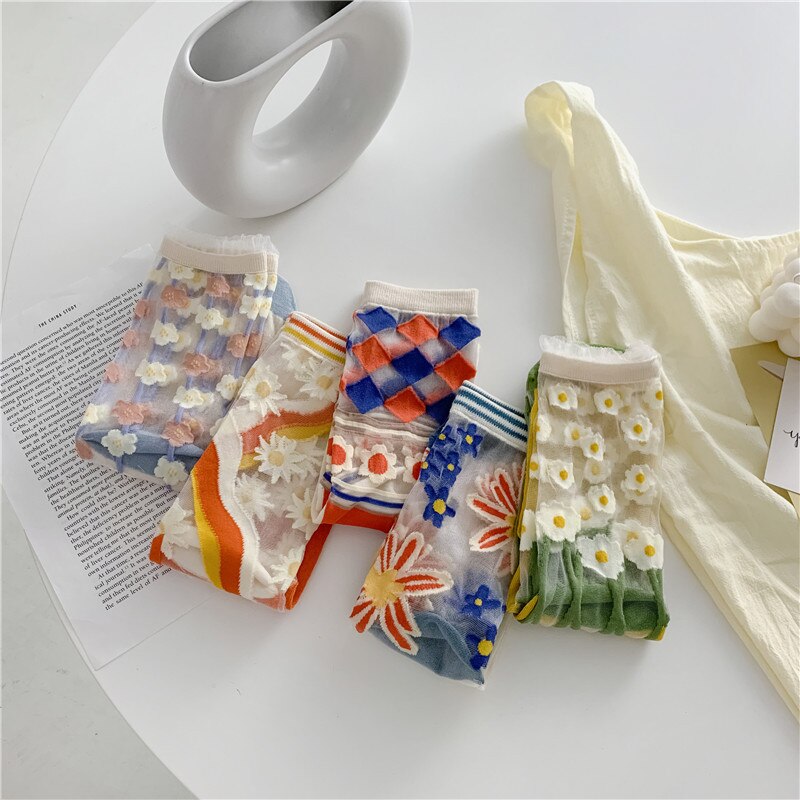 Summer Crystal Silk Socks Women Novelty Harajuku Floral Kawaii Cute Socks Ultra-thin Transparent Fishnet Mesh Lace Socks