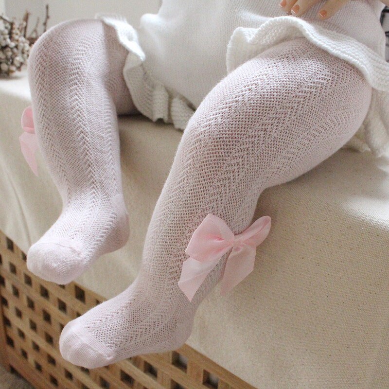 Medias de malla de verano para niña, transpirables pantimedias de algodón suave, con bonitos lazos, Color sólido: light pink / Fit 4-6year