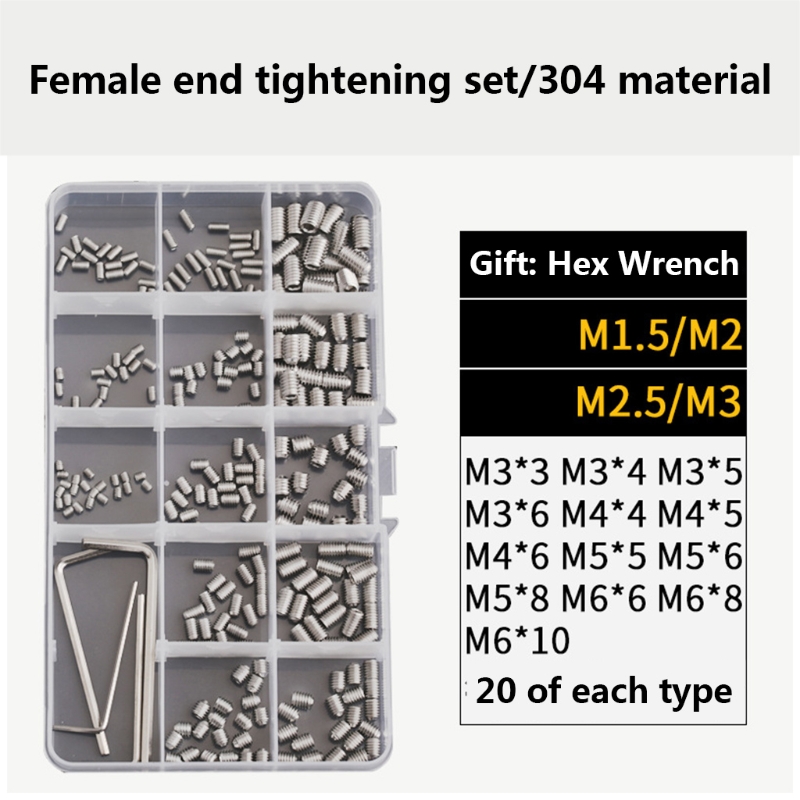 13 Sizes Allen Head Stainless Steel Grub Set Screw Assortment Kit Metric M3/M4/M5/M6 Hex Grub Screw with Hex Wrenches