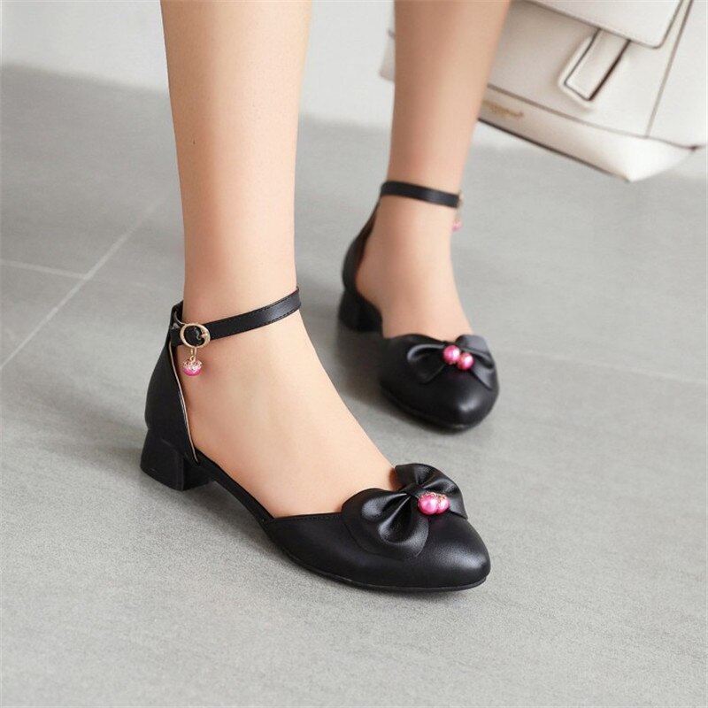 PXELENA Lolita cristal filles Mary Janes chaussures papillon-noeud étudiant fête danse sandales femmes talons bas blanc rose été