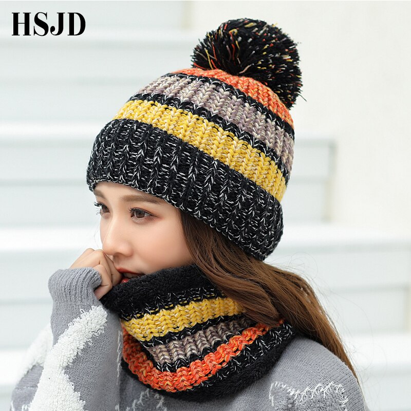 Gorros de invierno para mujer, gorros tejidos a rayas de Color mixto, conjunto de 2 piezas, gorros gruesos y cálidos, gorros, gorros para mujer