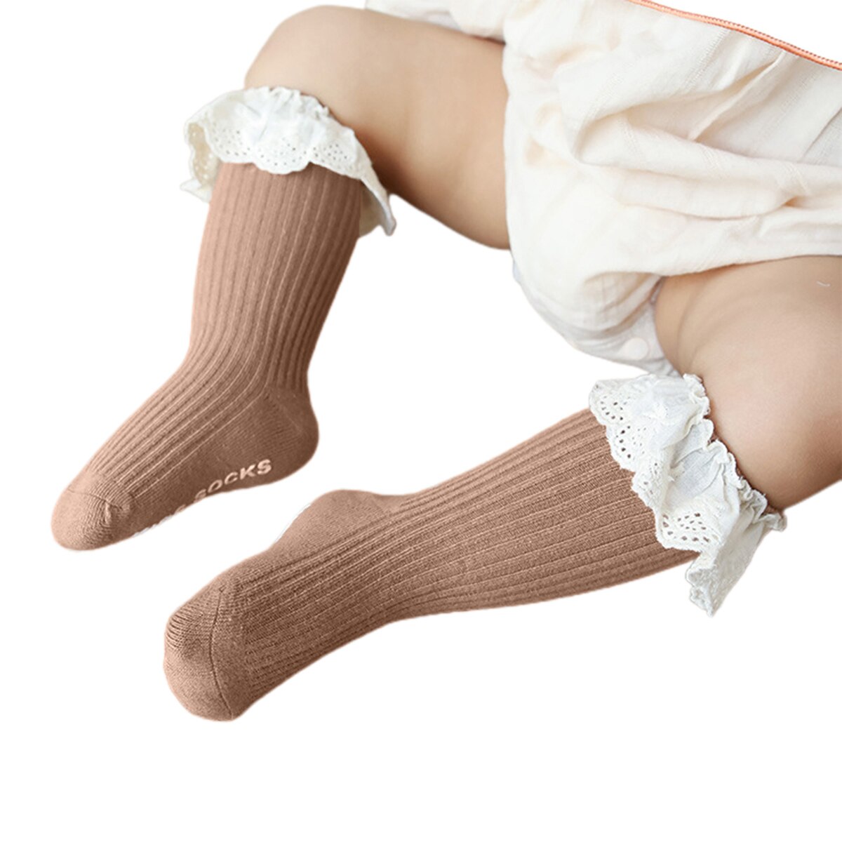 Toddler Baby Girls calza in pizzo tinta unita tubo medio colla antiscivolo calze da pavimento girare polsino calze con volant