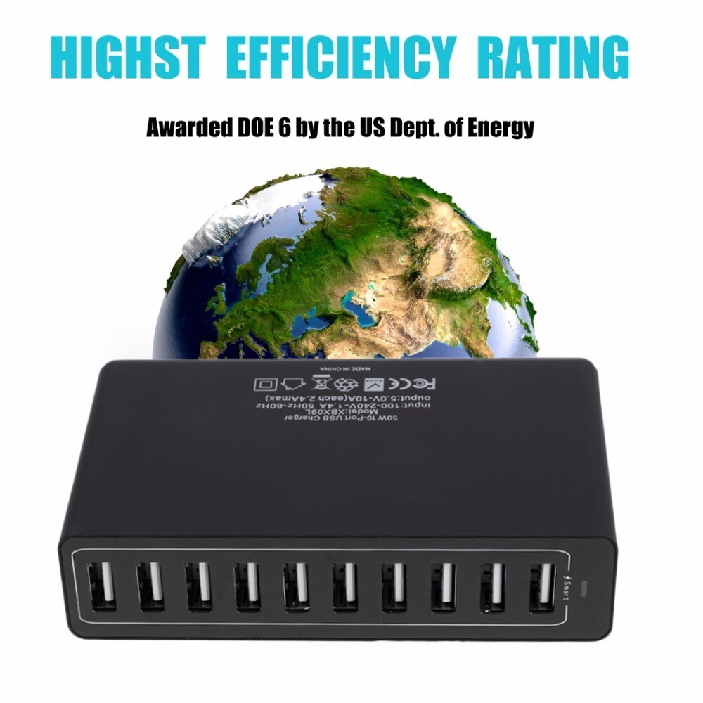 Multi-usb-ladegerät mit 10 anschlüssen, tragbar, multifunktional, universell, mit netzkabel und stecker für us, au, eu und uk.