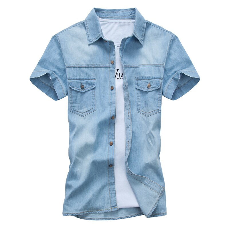 Sommar herr jeansskjorta i bomull stor storlek 5xl lapel tunn kortärmad skjorta män casual slim fit jeansskjorta manliga cowboykläder: Ljusblå / M