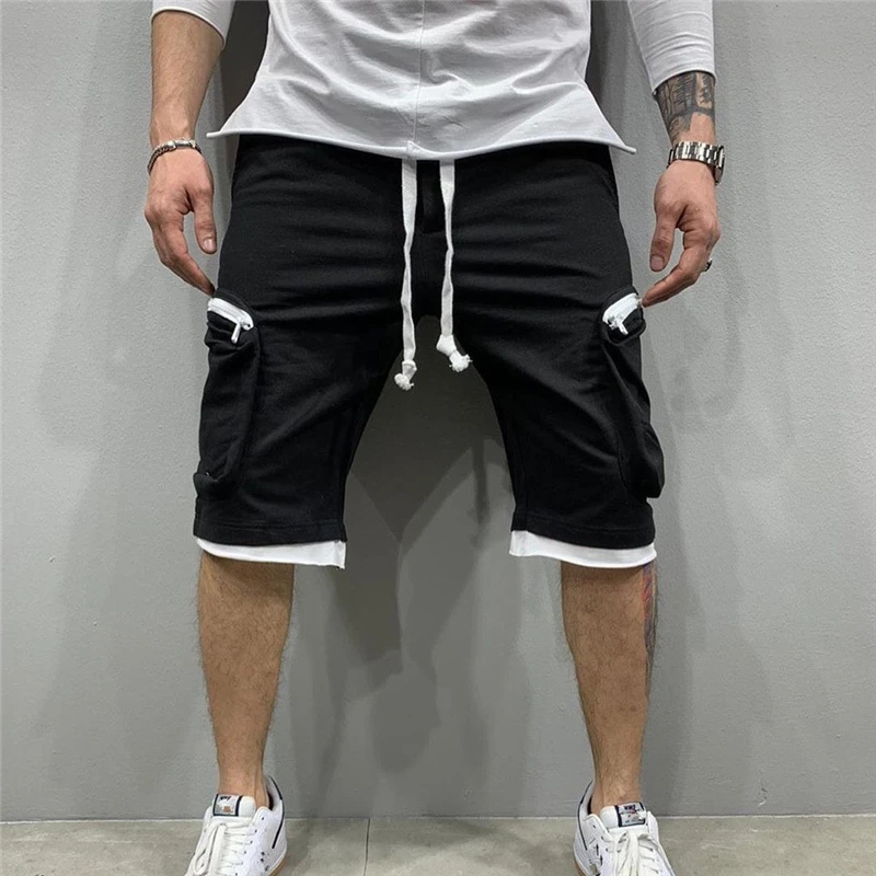 Calça de moletom solta masculina, calçsom curtas para corrida, streetwear esportivo de Fitness, bolso múltiplo, novidade verão,: Xxxl / Svart