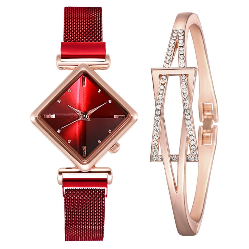 Dame ure sæt firkantet dame quartz ur armbånd sæt rød sort skive enkel rosa guld mesh luksus dame ure