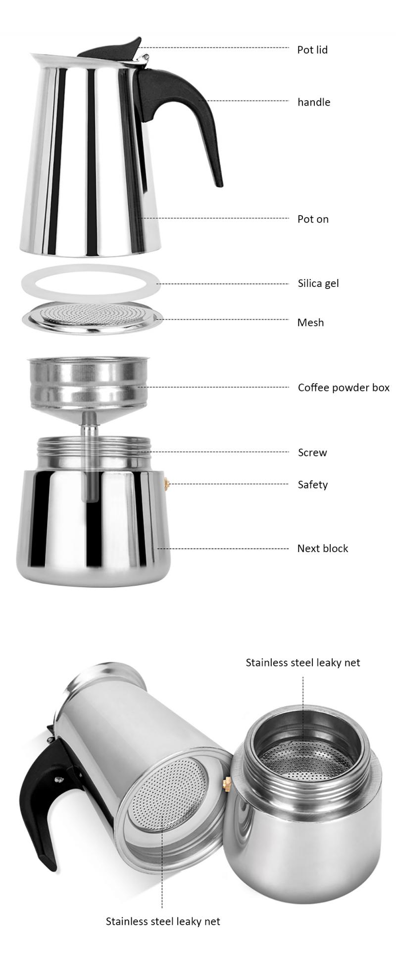 Olla de café europeo Moka de acero inoxidable, olla de inducción, olla de café Universal con llama abierta, accesorios de herramientas de cocina
