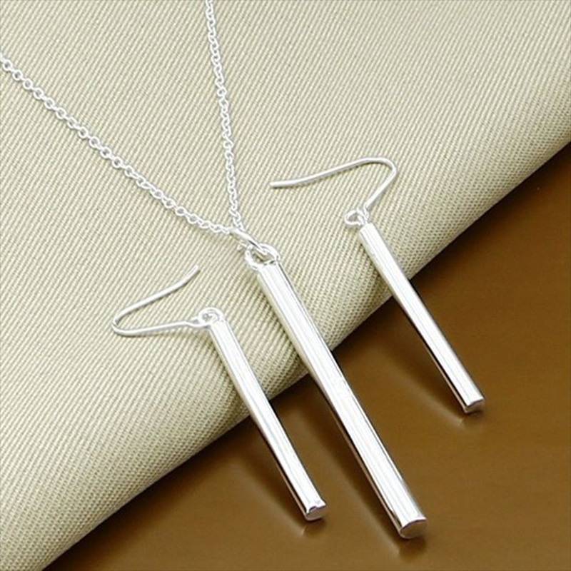 Stijl 925 Sterling Zilver 18 Inch Cross Chain Vierkante Kolom Ketting Oorbel Set Voor Vrouwen Wedding Engagement Party Jewelr