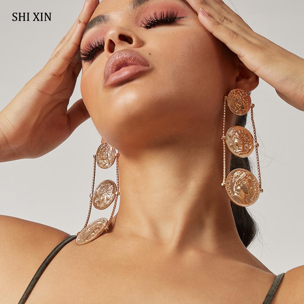 Shixin Hiphop Grote Portret Coin Oorbellen Voor Vrouwen Gelaagde Lange Oorbellen Opknoping Grote Oorbellen Verklaring Jewelry