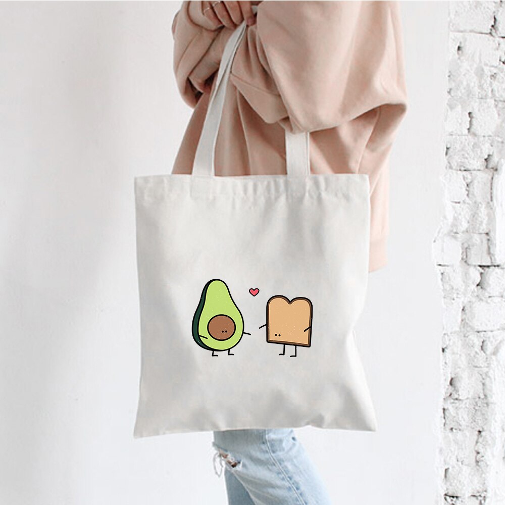 Cute Couple Avocado Print Large Capacity Canvas Tote Bag Cotton Cloth Reusable Shopping Bag Women Beach Handbags Shopping Bags: A216WHITE