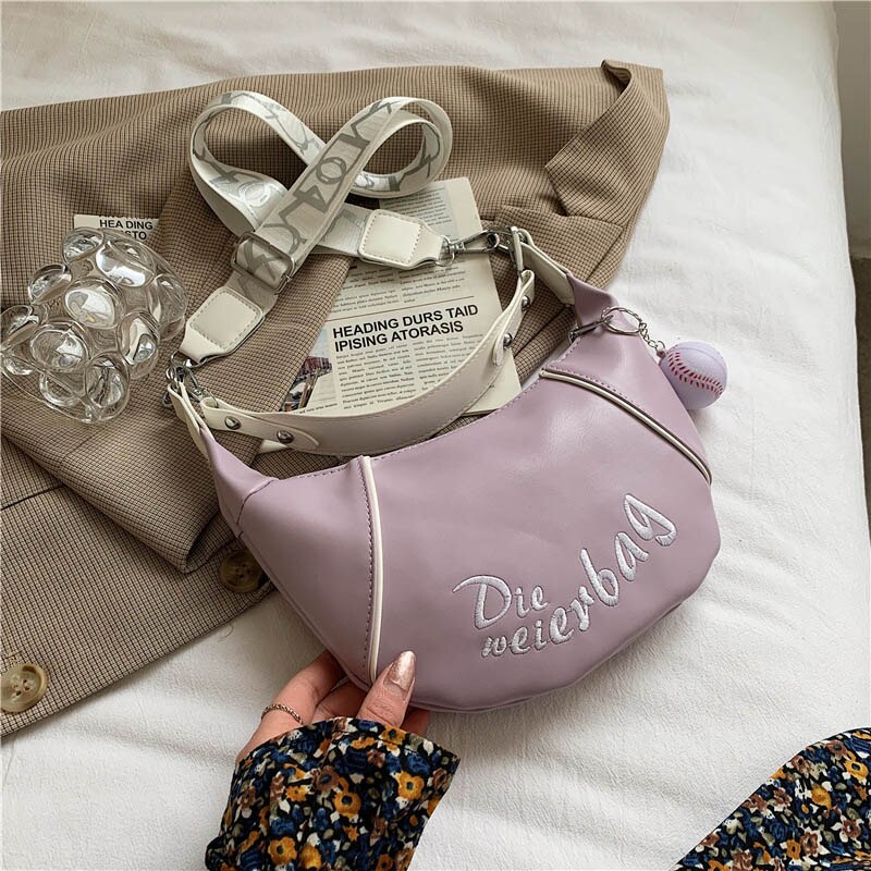 Projekt haftu małe torby baseballowe półksiężyc PU skórzane torby na ramię Crossbody dla kobiet 2021 moda kobiece torebki podróżne: purpurowy