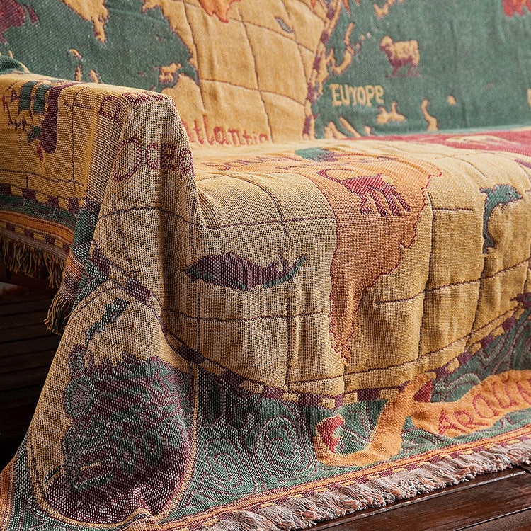 Manta a cuadros bohemia de algodón con mapa del mundo, sofá multifunción, funda decorativa para piano, tapicería, Cobertor, manta con borla