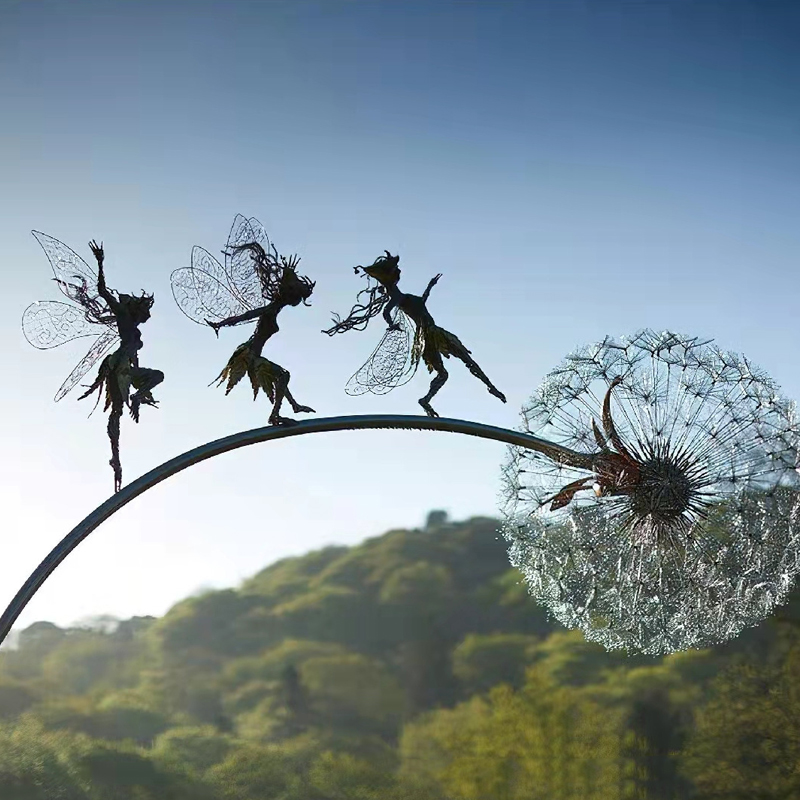 Piquet nickel é de décoration de jardin, pissenlits, elfe en métal, ornement de silhouette pour l'art de la cour, décoration de sculpture de paysage de pelouse: MULTI