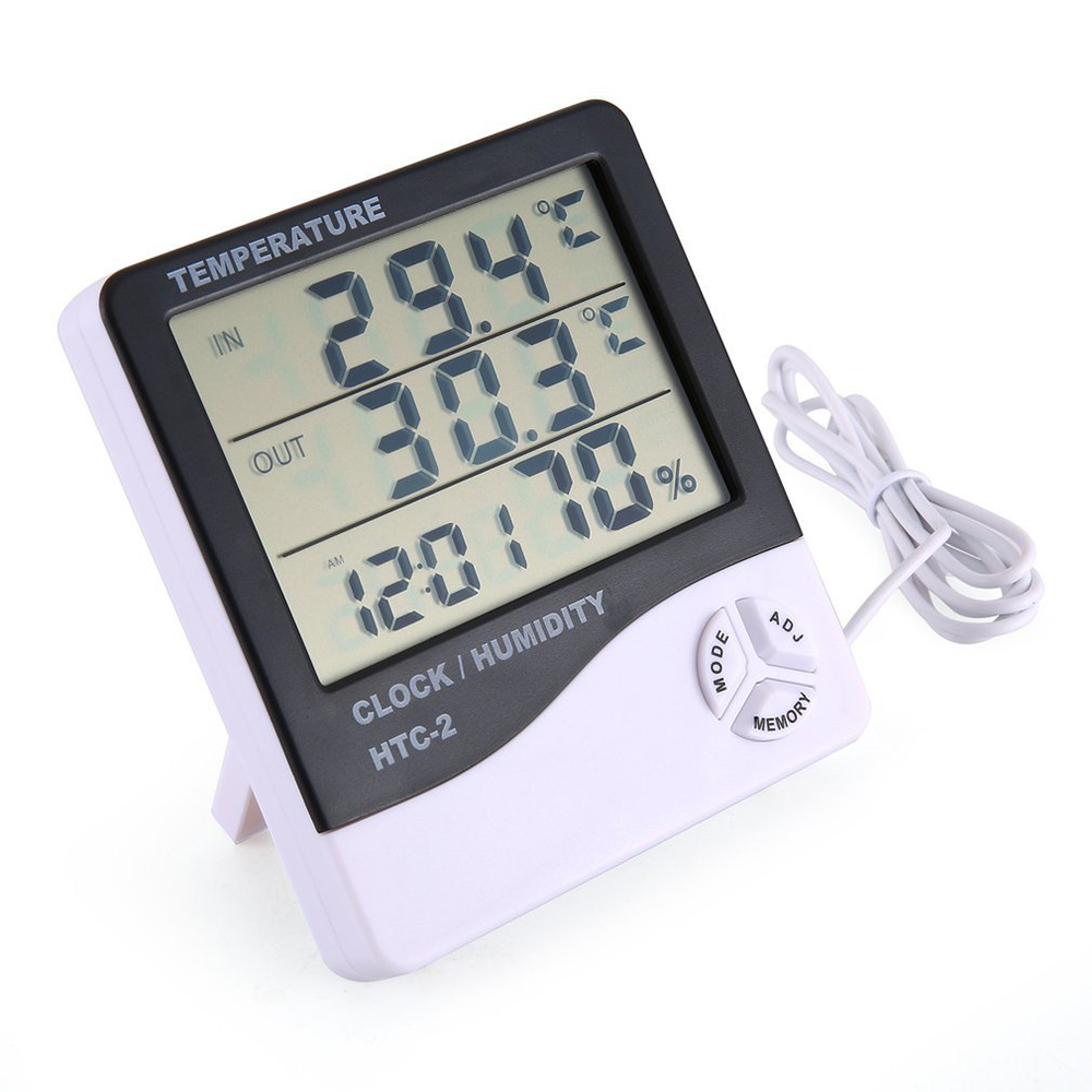 Medidor Digital de humedad y temperatura LCD HTC-1 HTC-2, higrómetro para interiores y exteriores, termómetro, estación meteorológica con reloj: Oro
