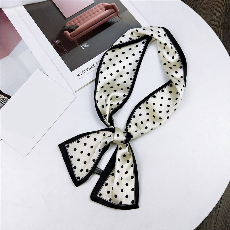 Pañuelo de lunares de seda para mujer, pañuelo para el pelo, cinta para el pelo, cinta para la muñeca, bandoleras para manualidades, bandoleras de satén, ajustado largo: Blanco