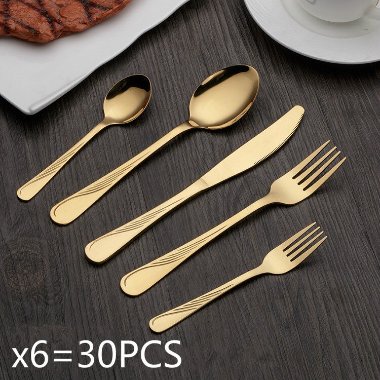 24/30 PCS Western Food Stainless Steel Cutlery Set Gold-plated Magic Cutlery Spoon/Fork/Knife Kit Dinnerware Sets: Gold 30 PCS