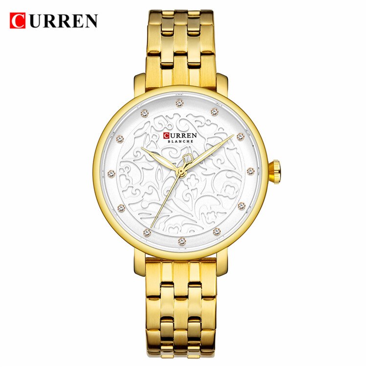 Top CURREN Vrouwen Horloges Roze Lederen Horloge met Strass Dames Klok Mode Luxe Quartz Horloge Relogio Feminino: S Gold white