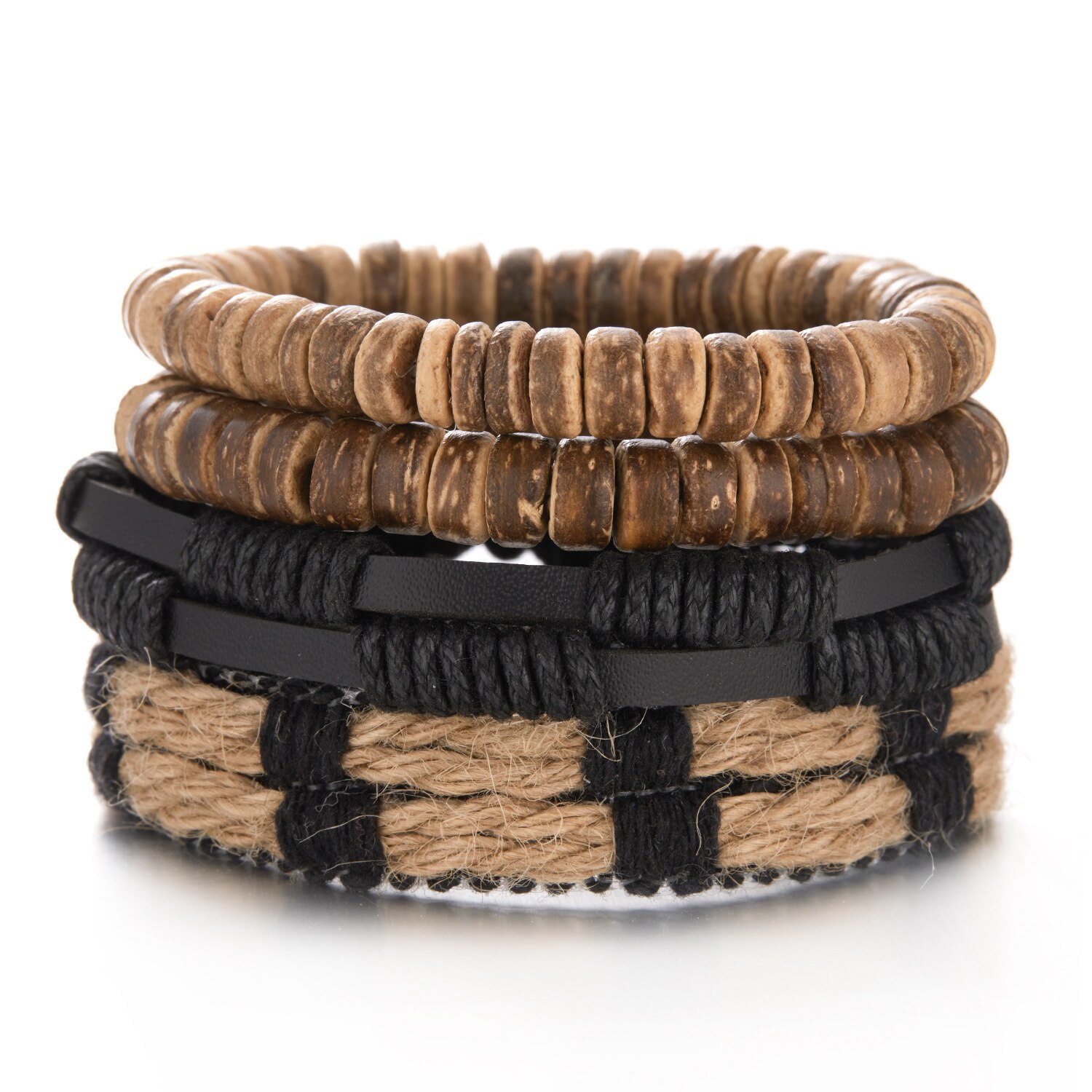 4 pezzi combinazione bracciale da uomo Set corda marrone perline di legno di cocco bracciali in pelle intrecciata per uomo regalo gioielli Pulsera Hombre: BR22Y0045