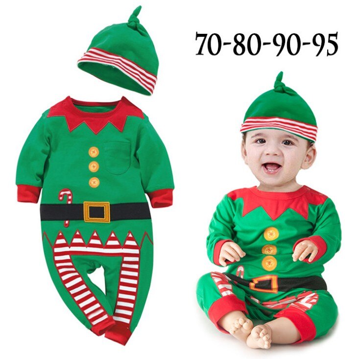 Di natale di Stile Classico A Maniche Lunghe Verde Del bambino Ragazzi Pagliaccetto con Christms Cappello 3021
