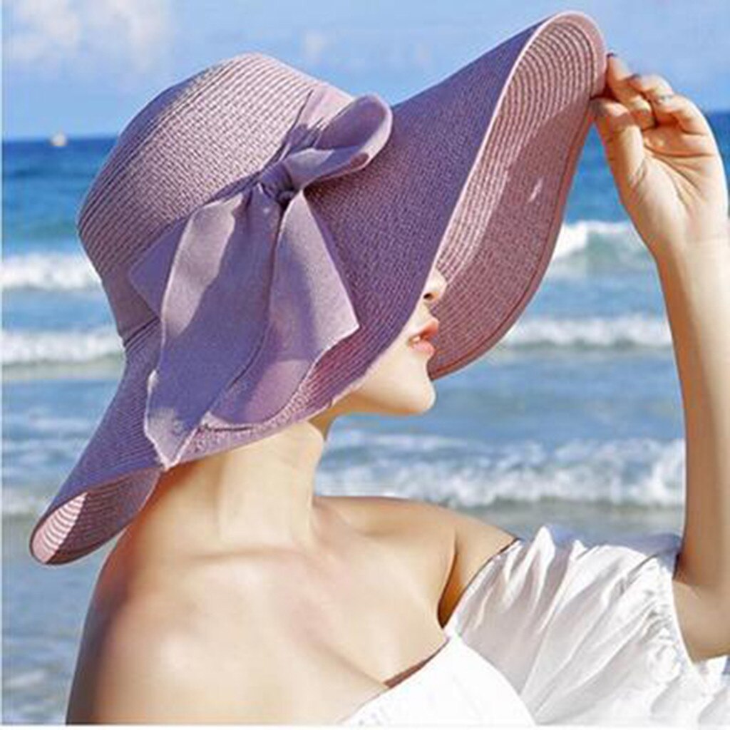 Sombrero de paja de ala ancha y flexible para mujer, gorro de playa plegable con lazo, cómodo, transpirable, Czapka,