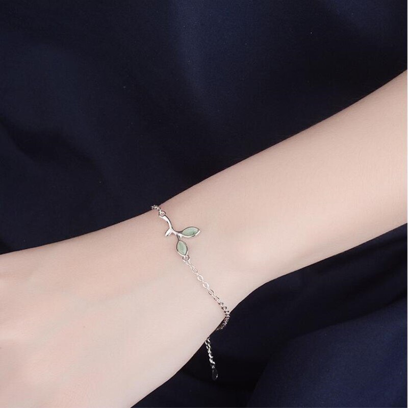 Creatieve Temperament Opal Literaire Bladeren 925 Sterling Zilveren Sieraden Green Crystal Leaf Armbanden SB113