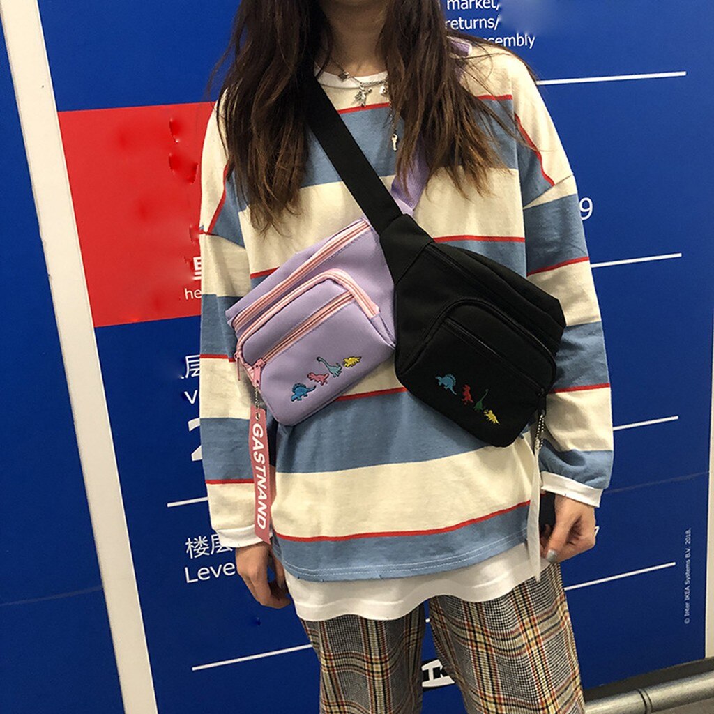 Nette Karikatur Dinosaurier Stickerei Große Taille Tasche Frauen Handy, Mobiltelefon Harajuku Hüfte hüpfen Straße Brust fanny Pack Brust tasche einfarbig