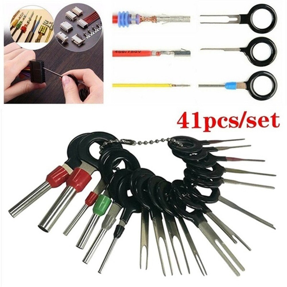 Set van 41 stuks draadklemverwijderingsgereedschap voor elektrische bedrading van auto's, krimpconnector, pinontgrendelingsextractor, trekker en naaldverwijderaar.