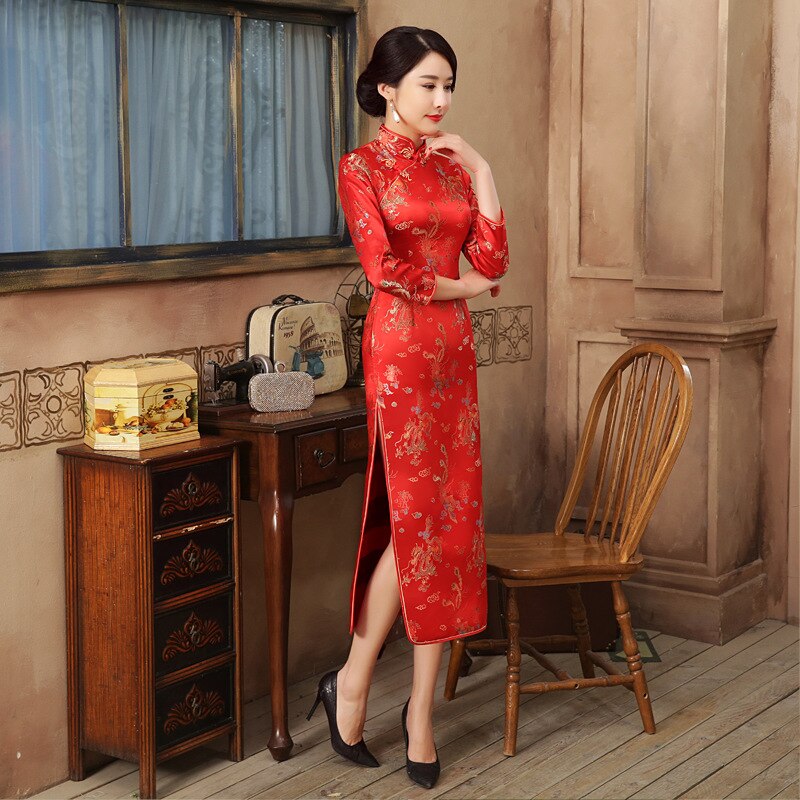 Chino rojo novia boda Qipao vestido femenino Sexy mujeres largo de satén manga Cheongsam estilo chino dragón vestidos de Phoenix