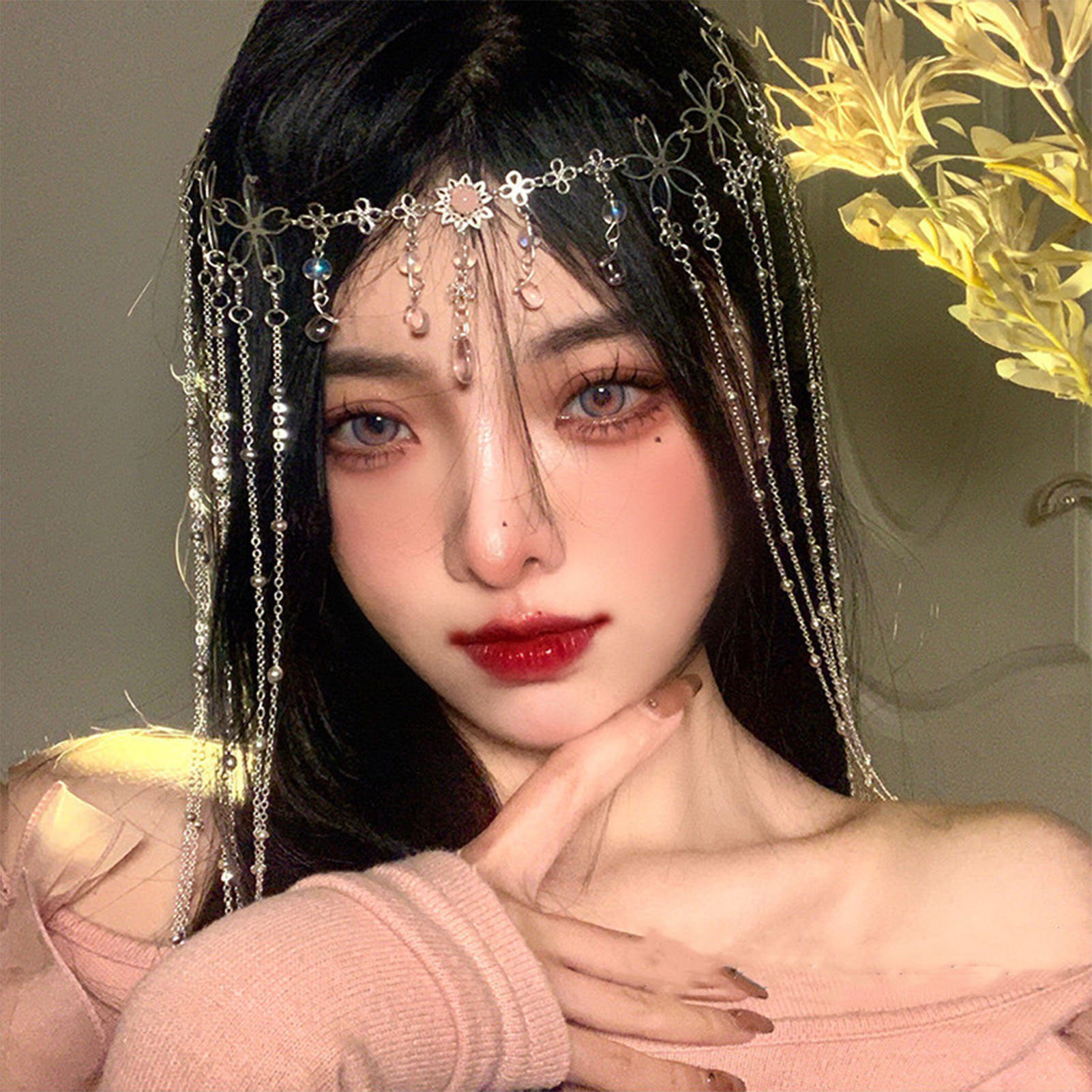 Accesorios para el cabello de joyería de lujo para mujer, cadena para la frente con borla de flores en forma de gota de agua, colgante para el cabello con piedras preciosas rojas sexys, horquilla: YELLOW