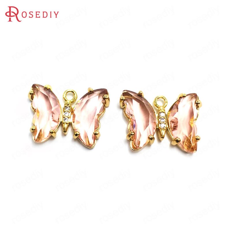 Breloques papillon en laiton, Zircon et verre, 15x20MM 24K, couleur Champagne or, pendentifs, fournitures pour la fabrication de bijoux, résultats de bricolage, 10 pièces: Orange Pink
