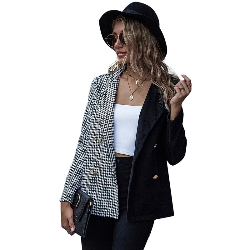 Alwaysq sort hvid gingham splice blazer overtøj kvinder kontor dame efterår forår dobbeltradet plaid casual frakker blazere