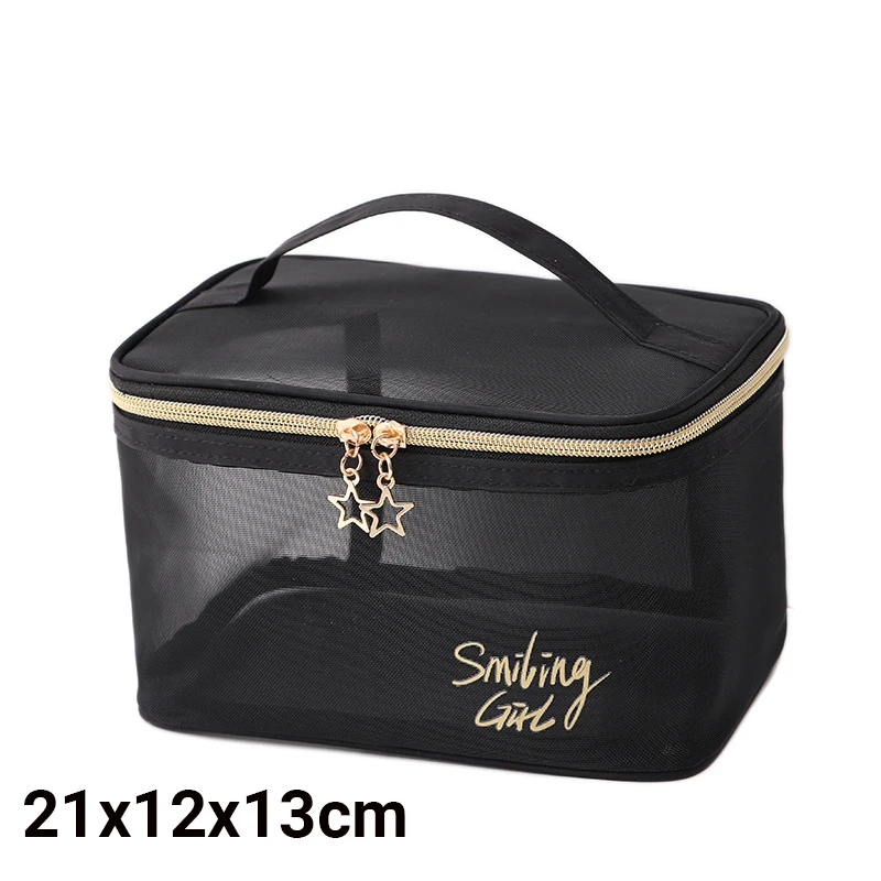 Large-Capacity Black Mesh Makeup Case Organizer Storage Pouch Casual Zipper Toiletry Wash Bags Make Up Women Travel Cosmetic Bag: black