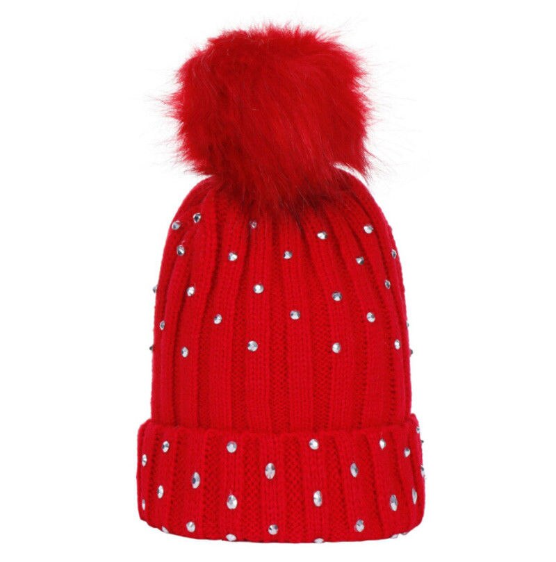 Style Girl Crystal Winter Warm Knit Beanie Hat Kid Cap Knitting Wool Patchwork With Ball: Red