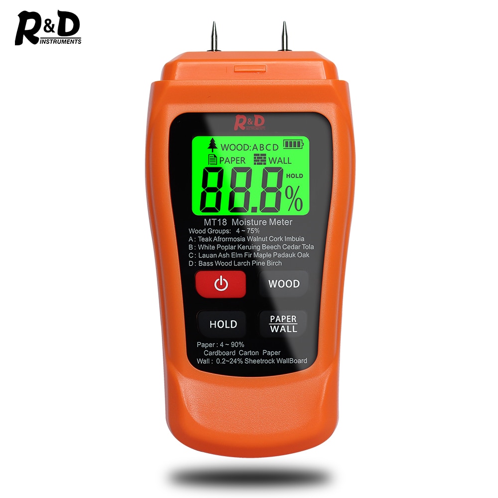 Medidor Digital de humedad de madera, higrómetro de pared, Detector de humedad de madera, 2 pines, naranja, MT-18, 0-99.9%