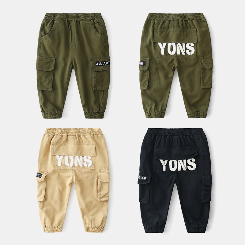 Baby Cargo Pants Spring Kid's Clothes Children's Letter Trousers Big Pocket Elastic Long Pants For Boys 2-7-9-10 Years