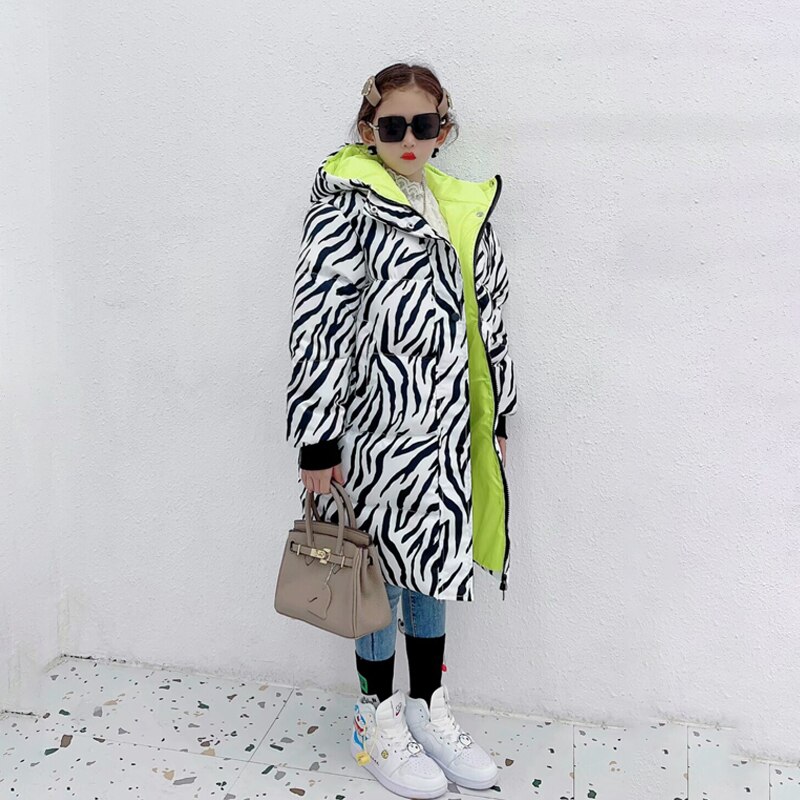 Winter Herfst Meisjes Parka Baby Lange Jas Tiener Uitloper Kinderen Warme Kleding Mode Zebra Print Katoen Gewatteerde 4 Tot 13 jr