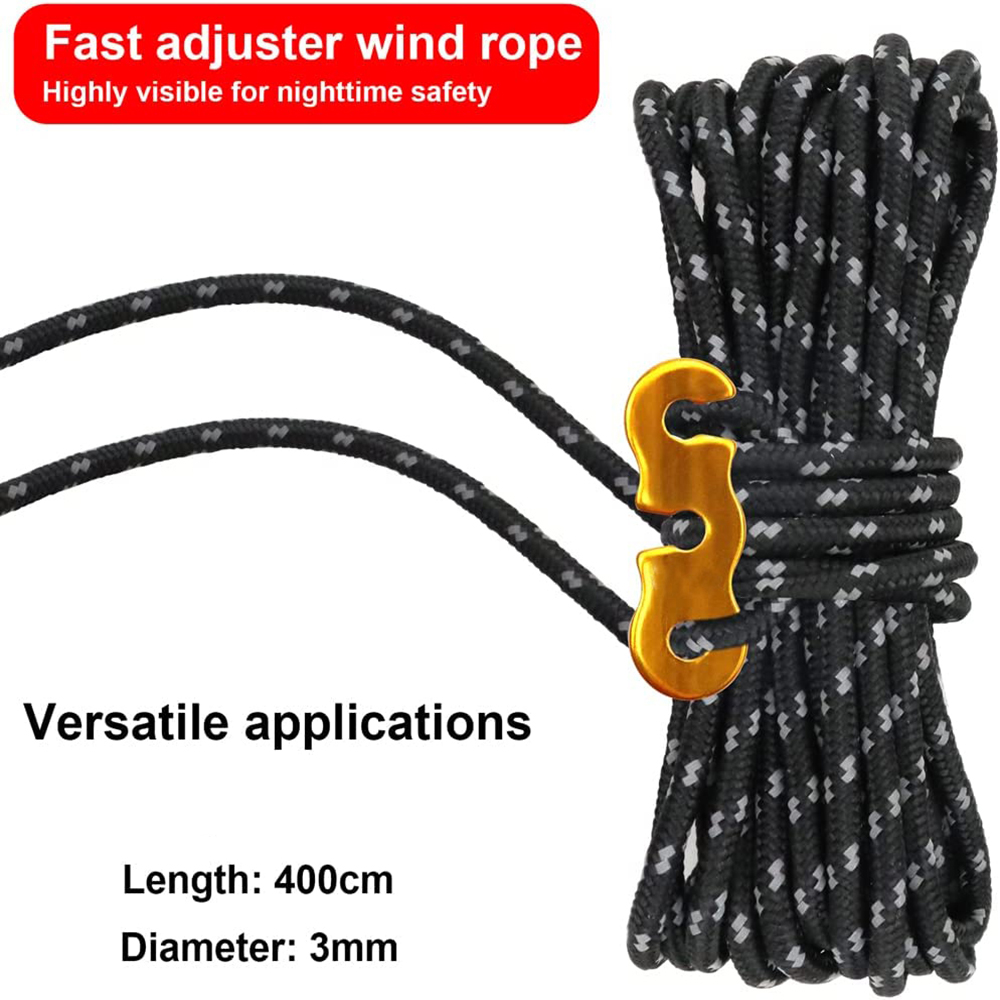 Cordes de tente réfléchissantes pour l'extérieur, 4 pièces, corde de Camping avec ajusteur de lignes en aluminium, pochette de tendeur pour auvent de bâche de tente